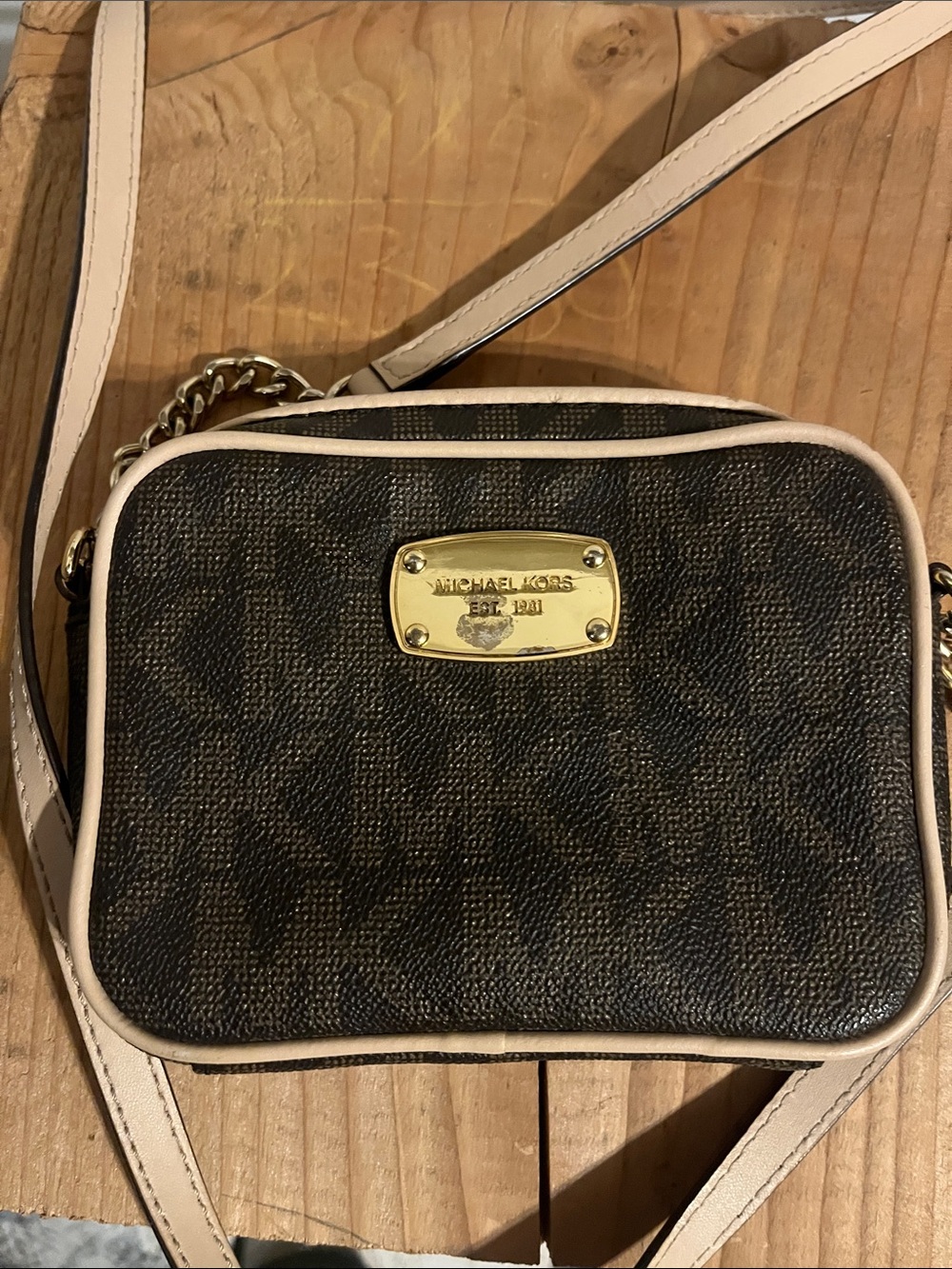 Michael Kors Brown Logo Crossbody with Cream Trim and Gold Plaque